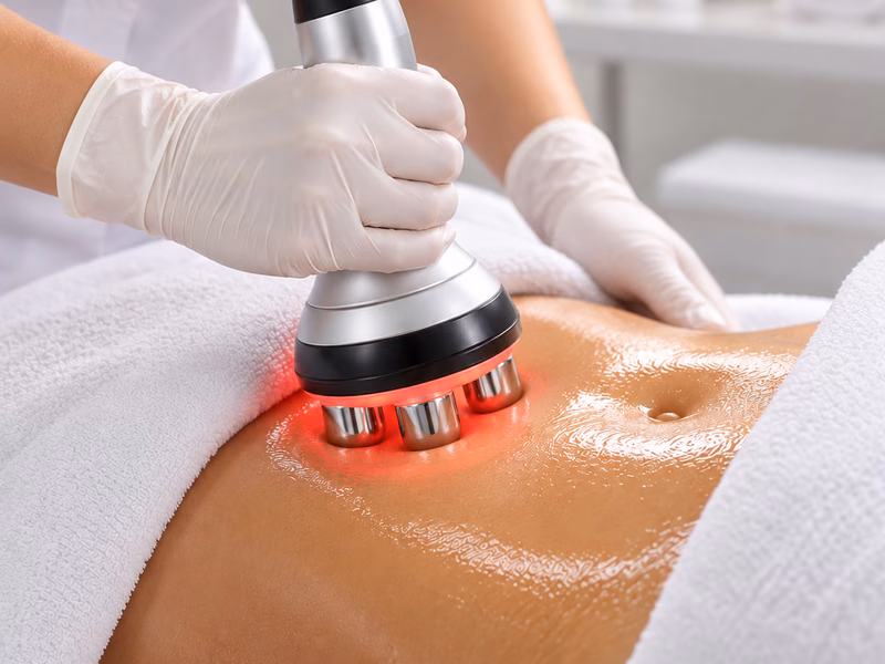 A tripolar radiofrequency handpiece being used on a client’s abdomen
